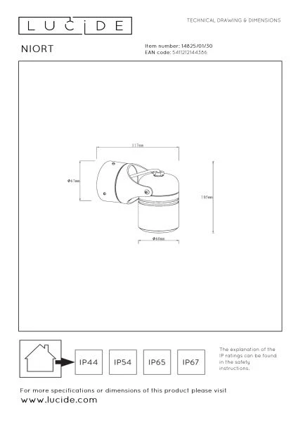 Lucide NIORT - Wandspot Buiten - 1xGU10 - IP44 - Zwart - technisch